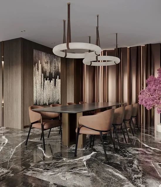 Обеденная зона с мраморным полом и дизайнерской люстрой — Hennessy Residence, Карон