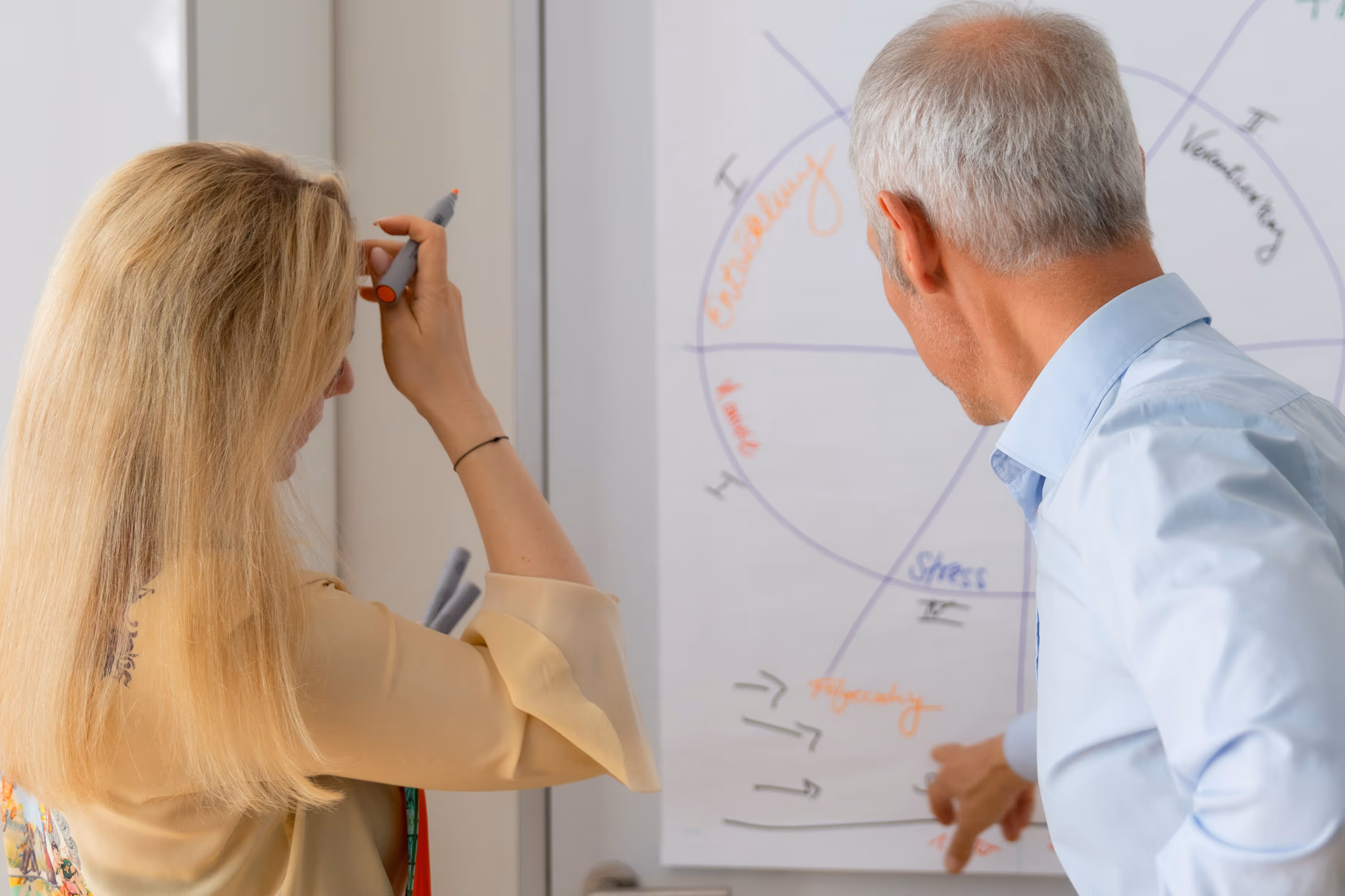 Lena Klamp mit einem Klient vor einem Flipchart. 