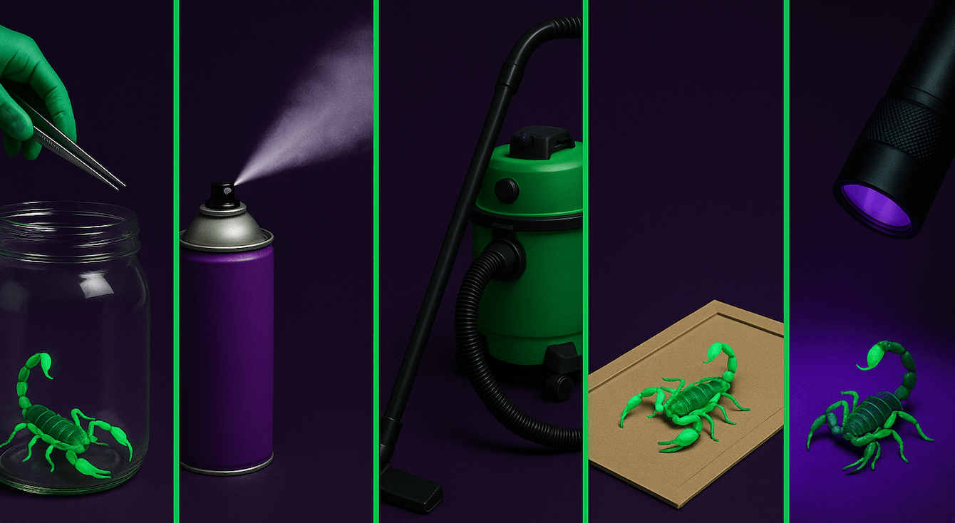 glass jar, spray, vacuum, sticky traps, UV flashlight