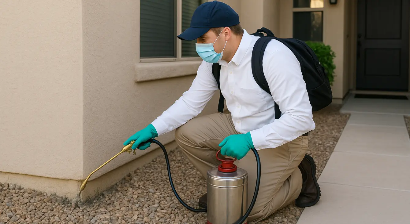 pest control employee spraying home for bugs