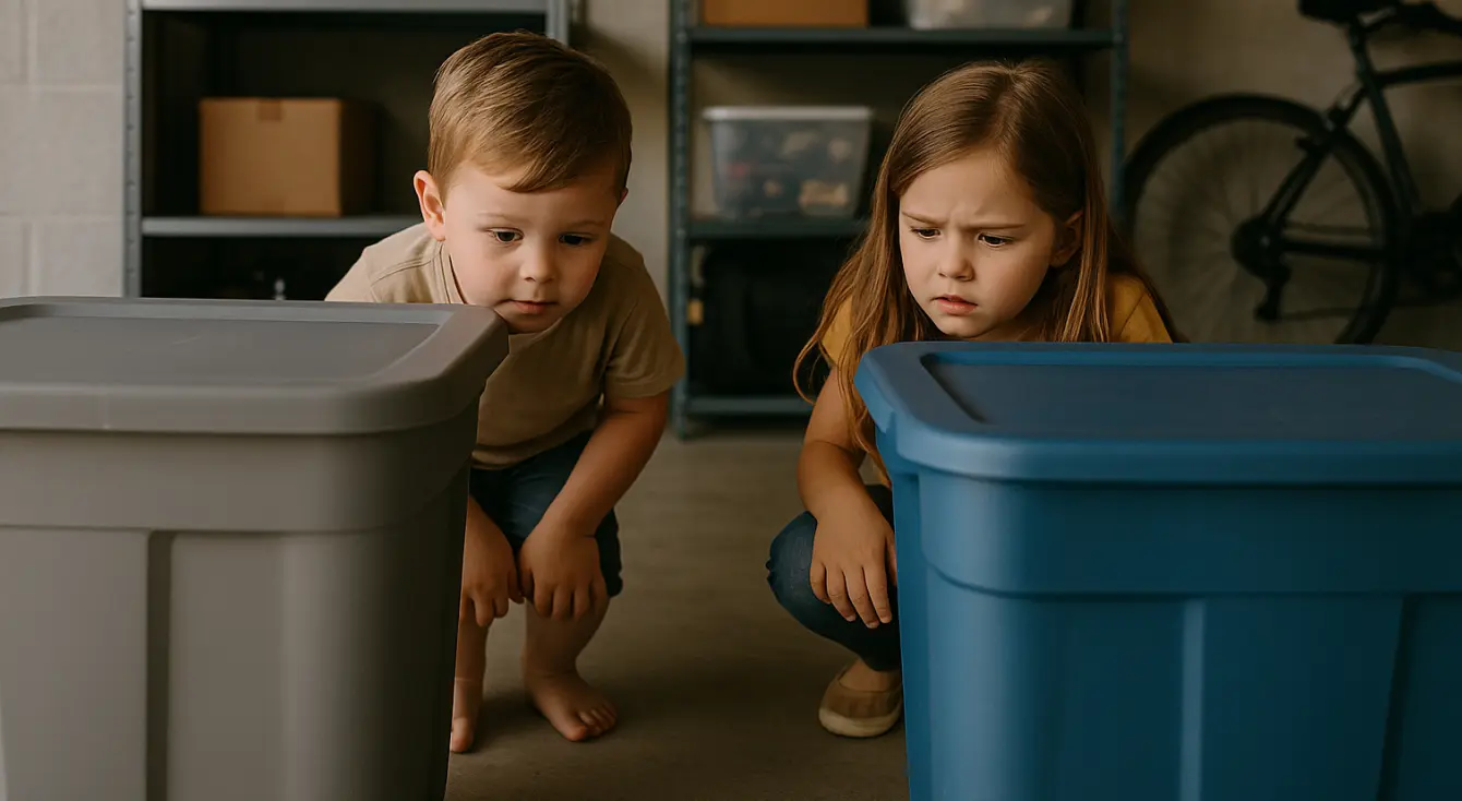 children exploring scorpion hiding spots in garage