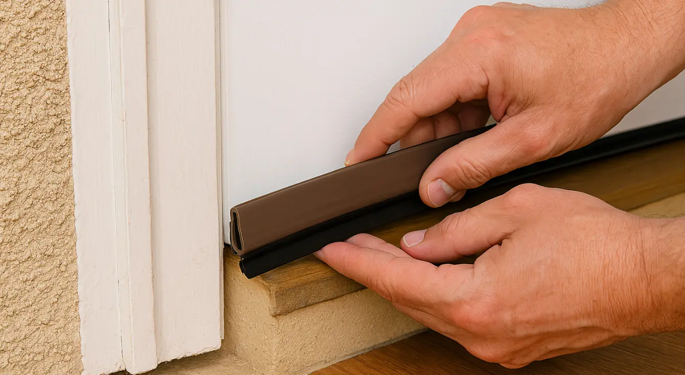 person adding weatherstripping to door