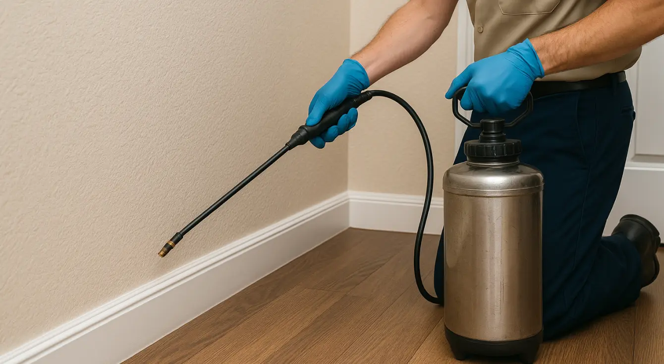 pest control technician spraying baseboard