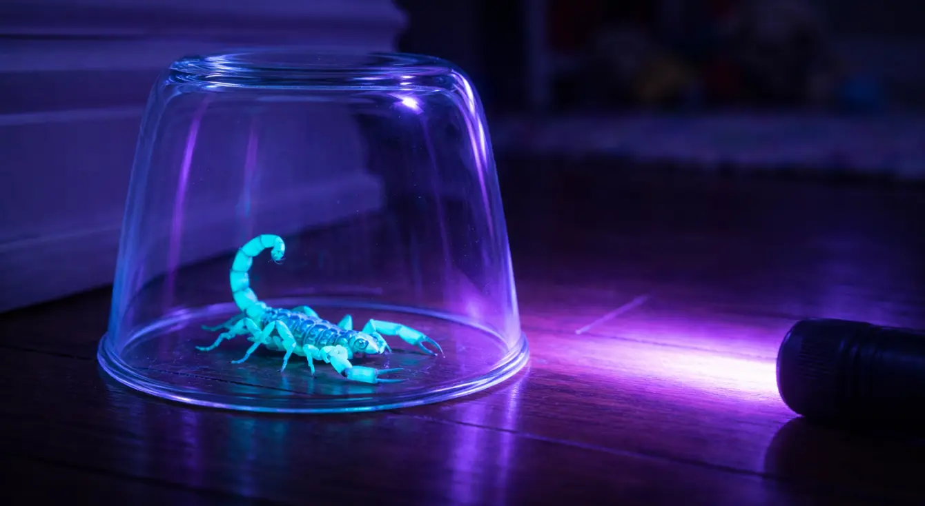 scorpion trapped under a glass with a UV light making it glow