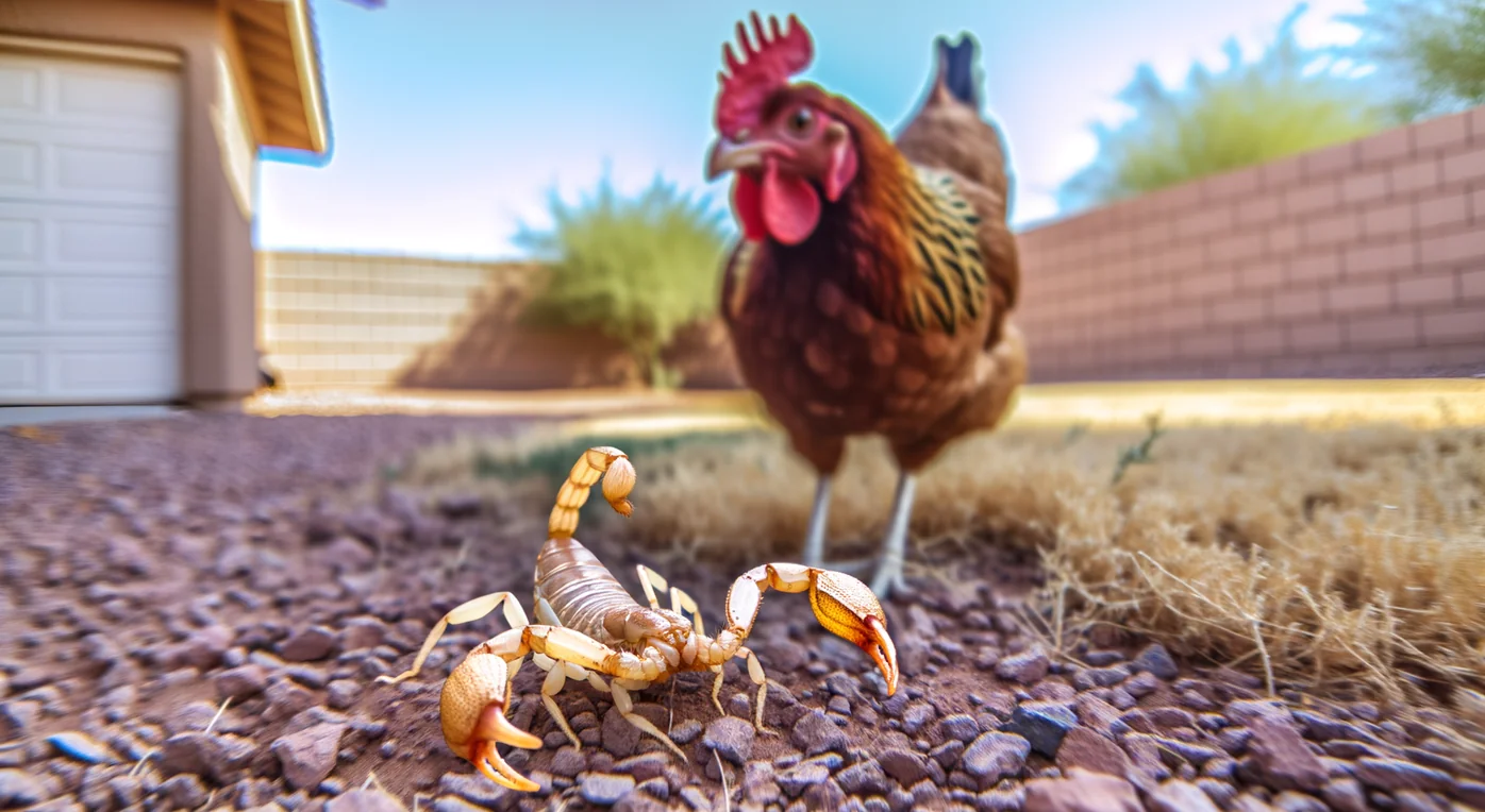 A heroic chicken confronts an Arizona bark scorpion in a backyard scene.