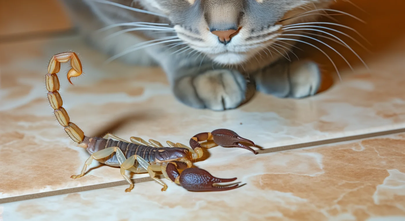Cat staring intently at a pale Arizona bark scorpion in a residential setting.