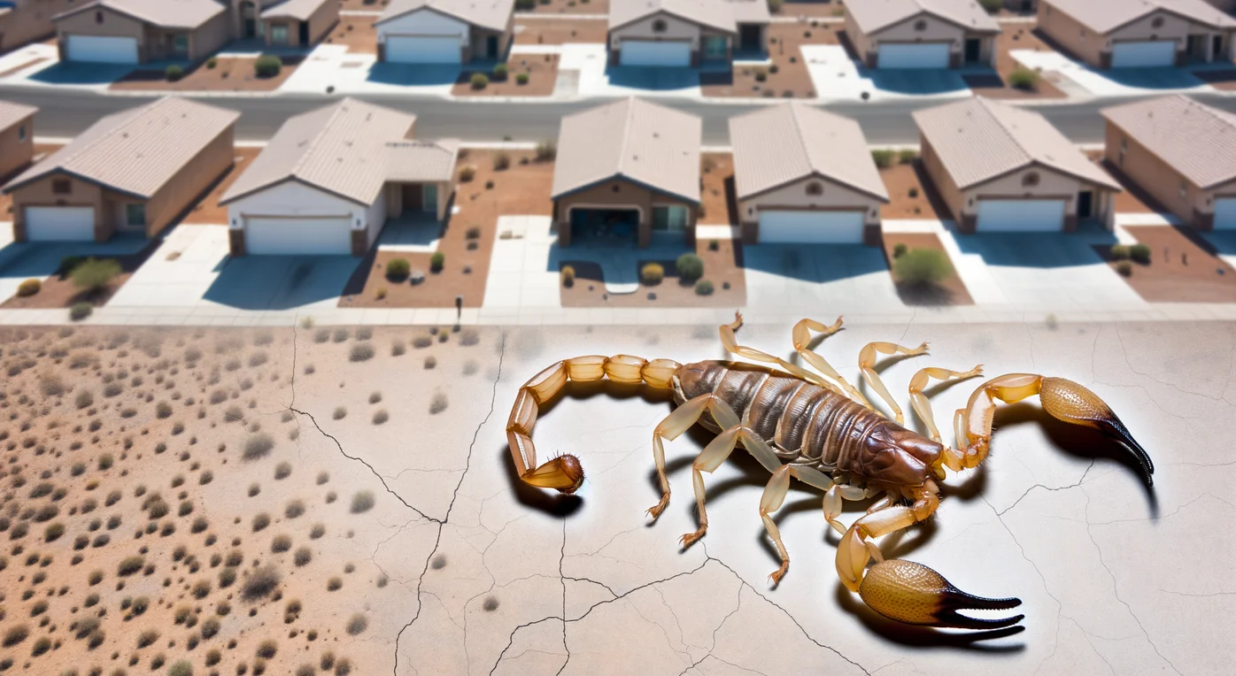Arizona bark scorpion in a new housing development, showcasing suburban-desert boundary.