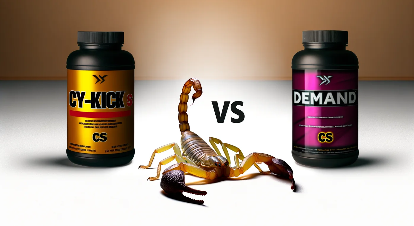 Arizona bark scorpion in residential setting beside Cy-Kick CS and Demand CS products.