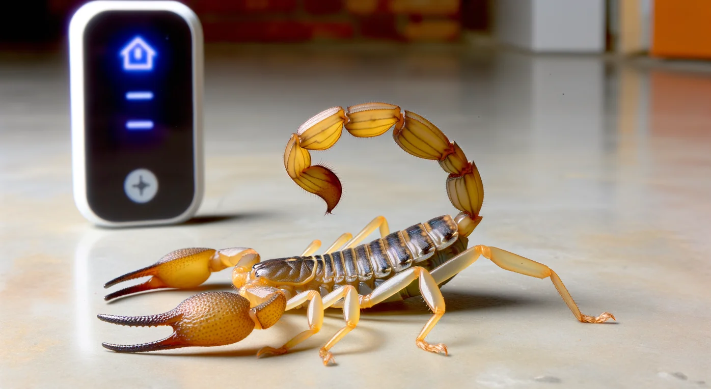 Arizona bark scorpion illuminated by a smart home device in a modern hallway.