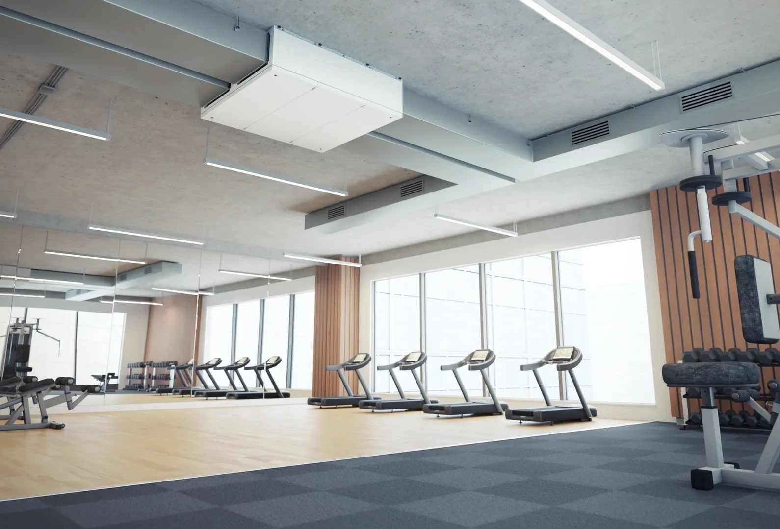 Gym von Innen mit Lüftungsanlage an der Decke