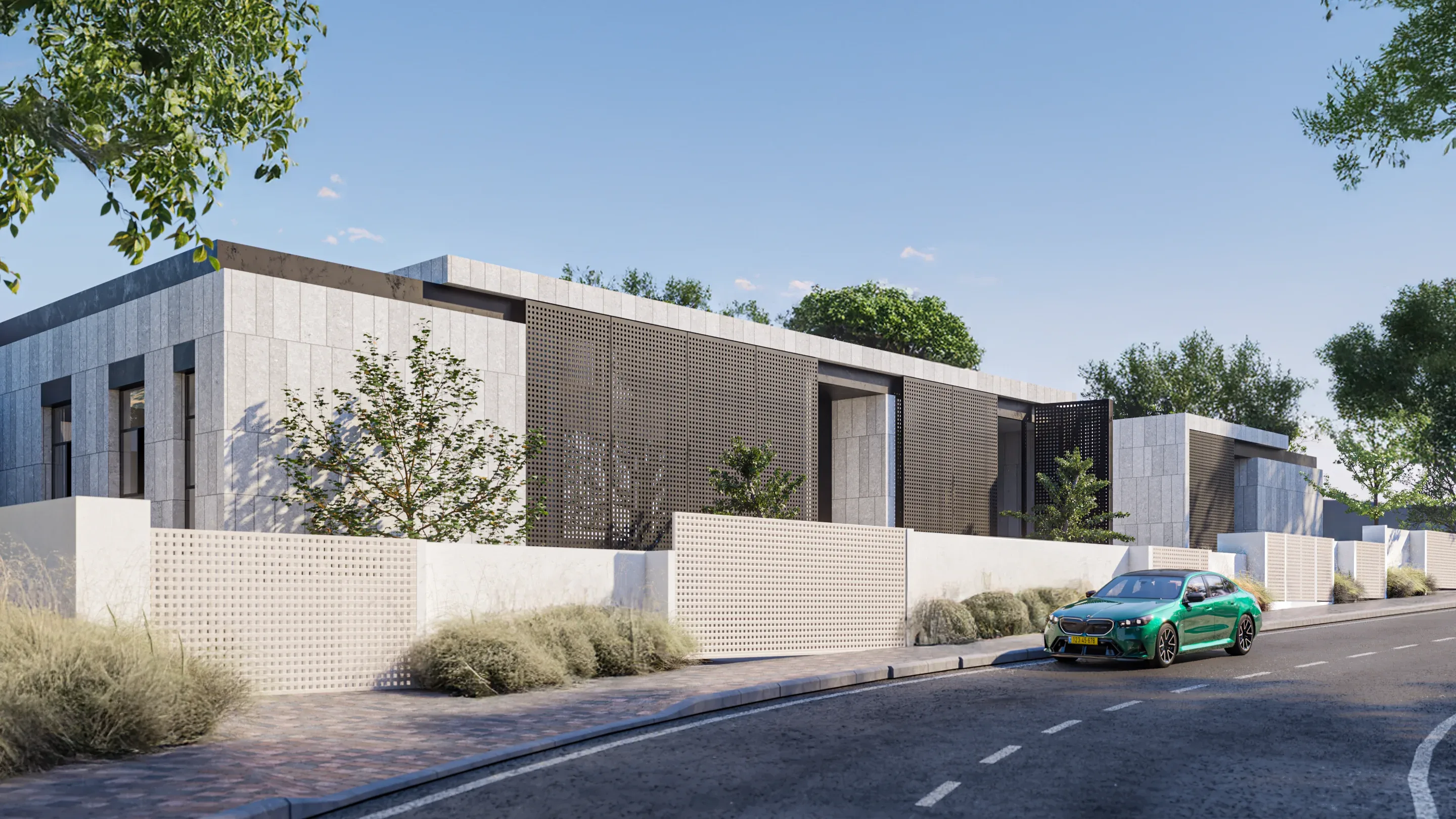 B House exterior view with reflecting pool entrance