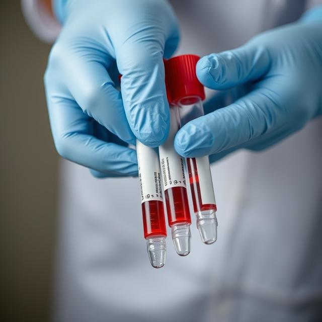 Close-up of gloved hands handling blood collection tubes