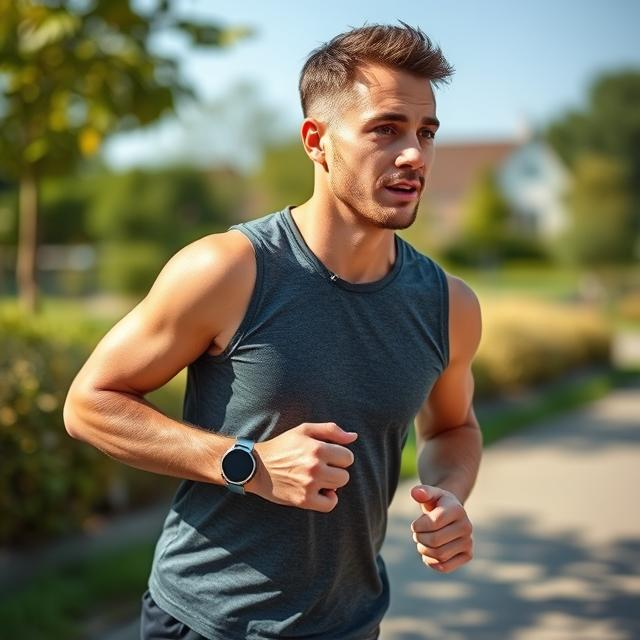 Man jogging outdoors with smartwatch
