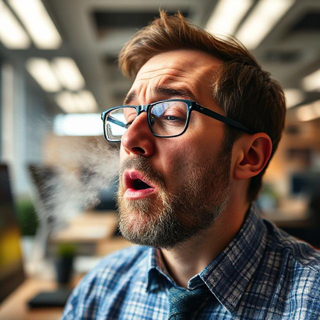 Man sneezing while experiencing allergies and brain fog at work.