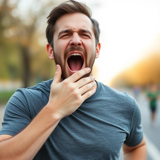 Man yawning and covering mouth with hand at the start of a morning run.