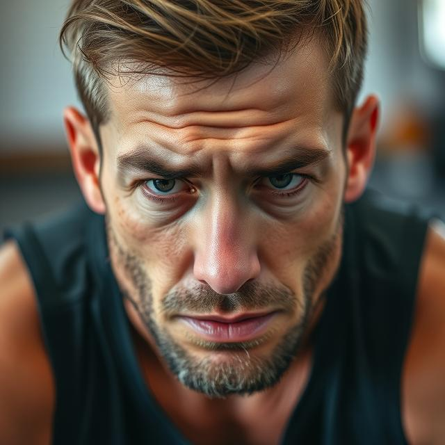 Close-up of tired expression mid-exercise session.