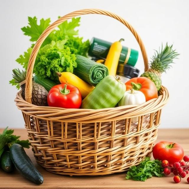 Grocery basket filled with healthy whole foods.
