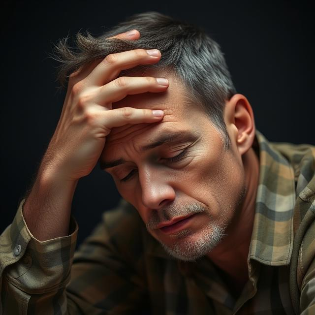 Man resting with hand on forehead due to fatigue.