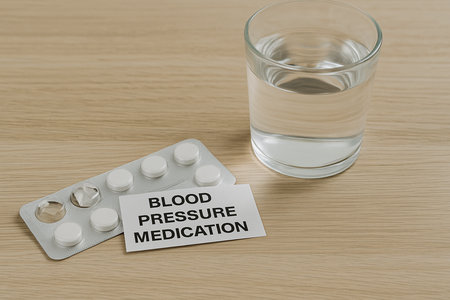 Blood pressure medication beside water glass.