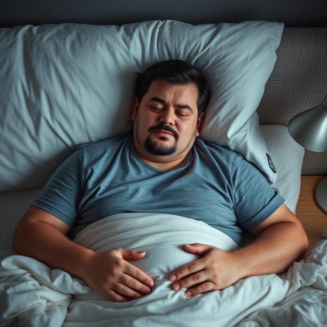 Snoring man struggling with weight gain from poor sleep