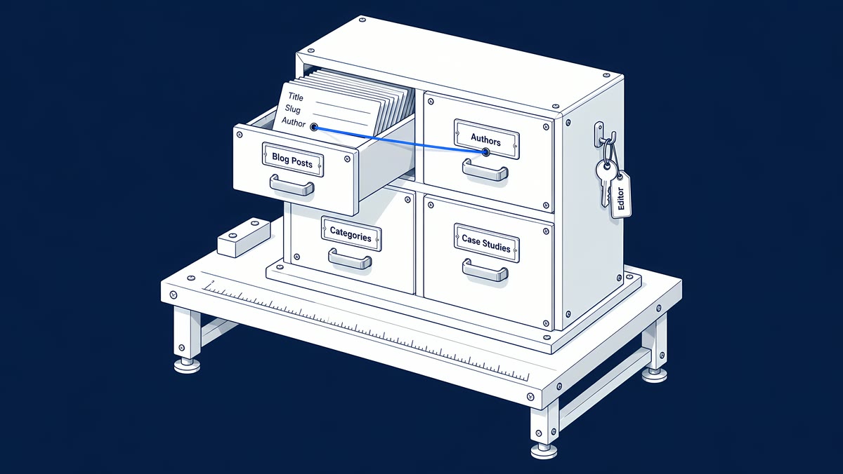 A card-file cabinet of CMS Collections with a reference thread from a blog post card to the Authors drawer