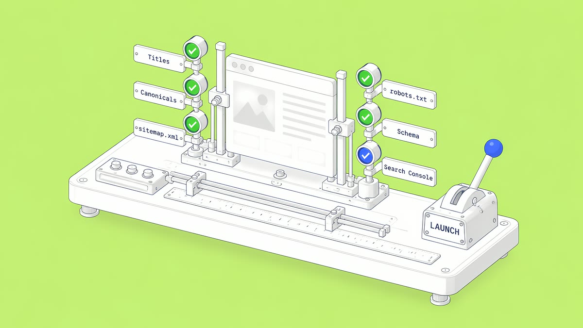 A pre-launch rig with check lamps for titles, canonicals, sitemap.xml, robots.txt, schema and Search Console