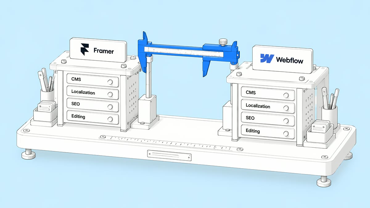 Framer and Webflow workbenches compared drawer by drawer: CMS, localization, SEO and editing