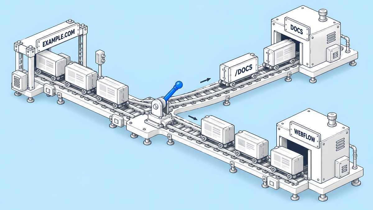 Isometric illustration for: Should Your Docs, Help Centre or App Sit on a Subdomain or a Subdirectory Next to Webflow?
