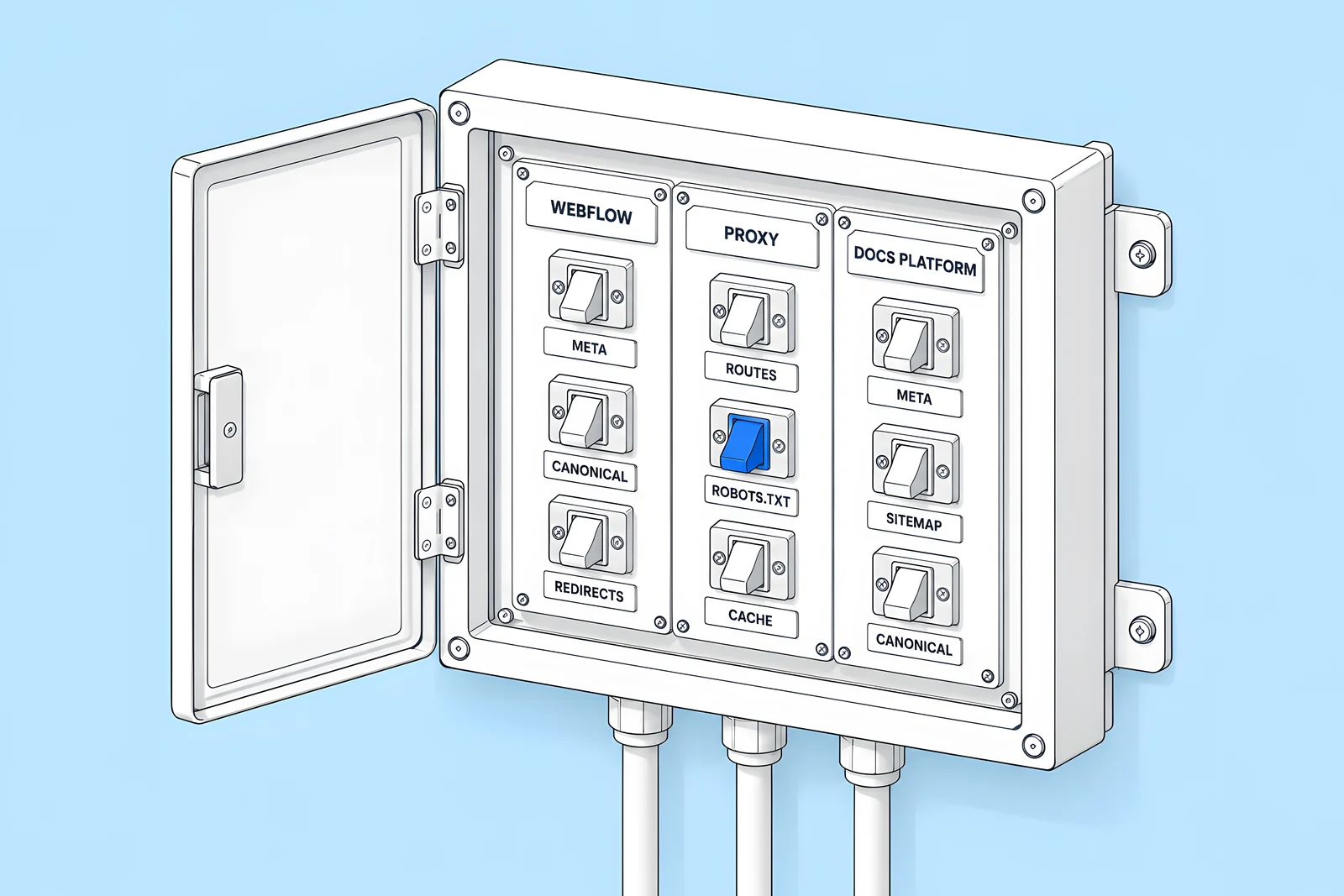 Isometric breaker panel with three columns of labelled switches grouped under Webflow, proxy and docs platform.