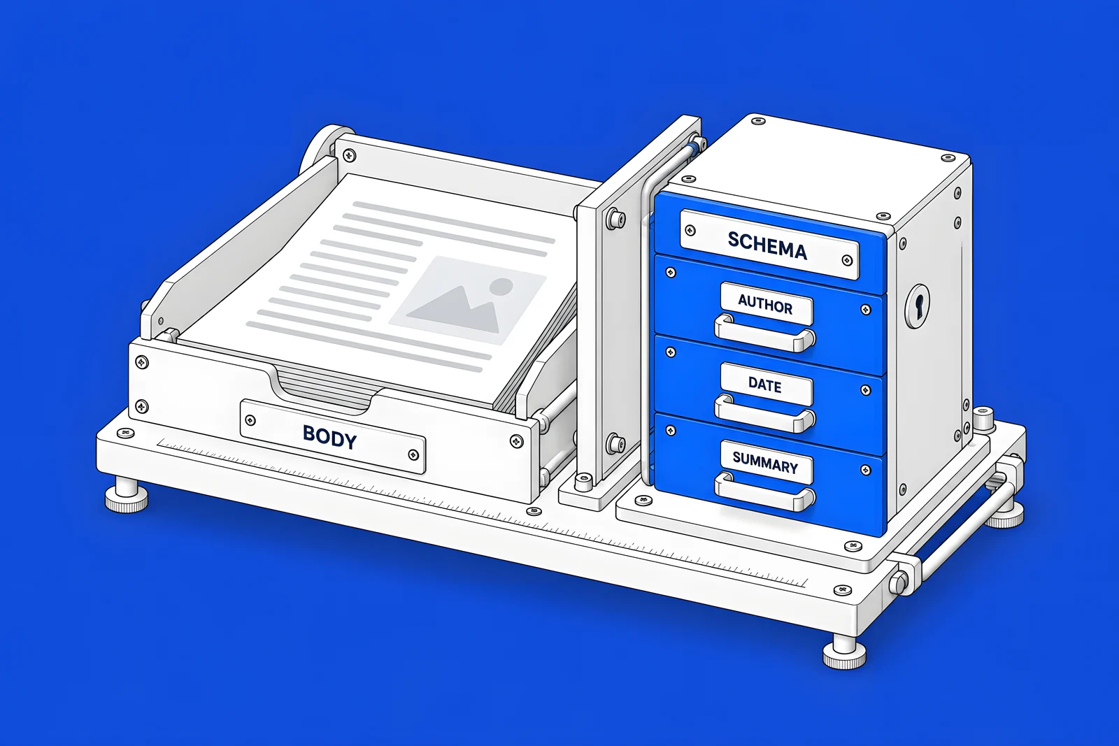 Isometric organiser with a separate locked drawer labelled SCHEMA beside an open tray labelled BODY holding article text.