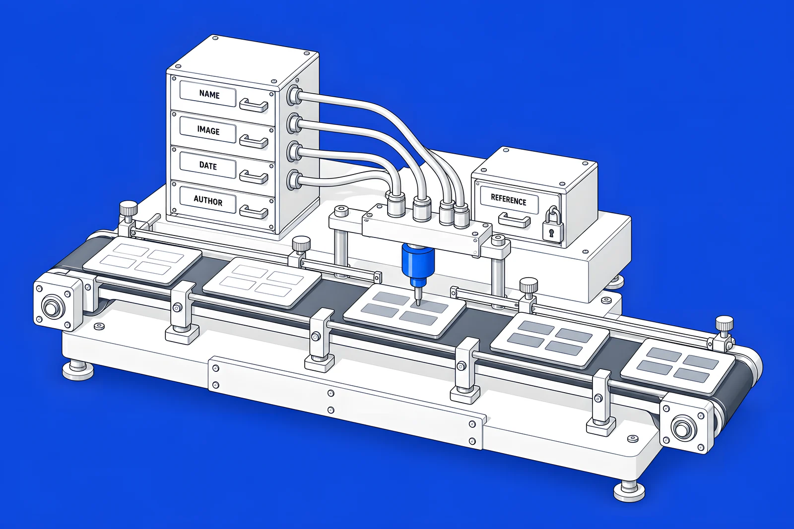 Isometric template plate with empty slots being filled by tubes from CMS field drawers as an item card passes beneath a filling nozzle.