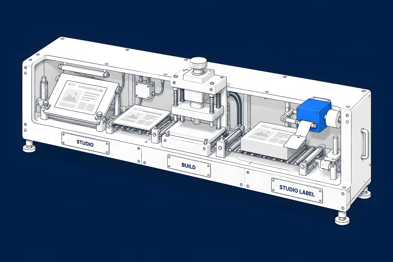 Isometric conveyor carrying a design plate from a drafting table station to a build press inside one shared housing, with a blue label printer at the exit