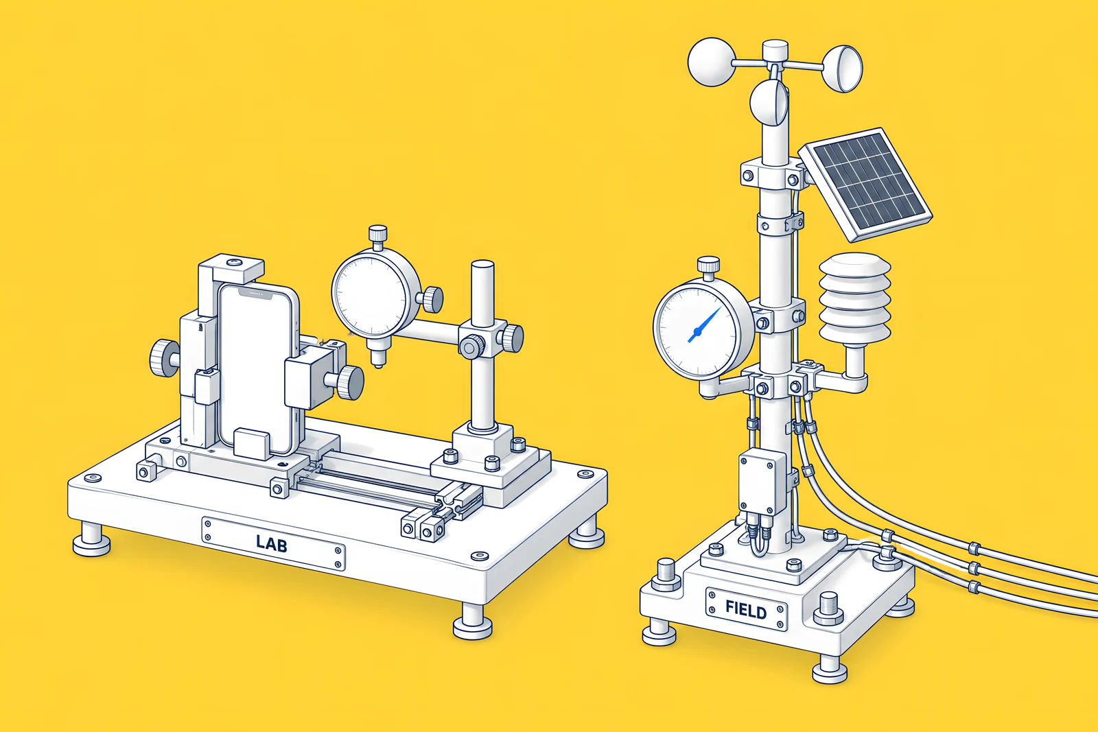 Isometric bench test rig labelled LAB beside a weather-station mast labelled FIELD, each with an unnumbered dial.