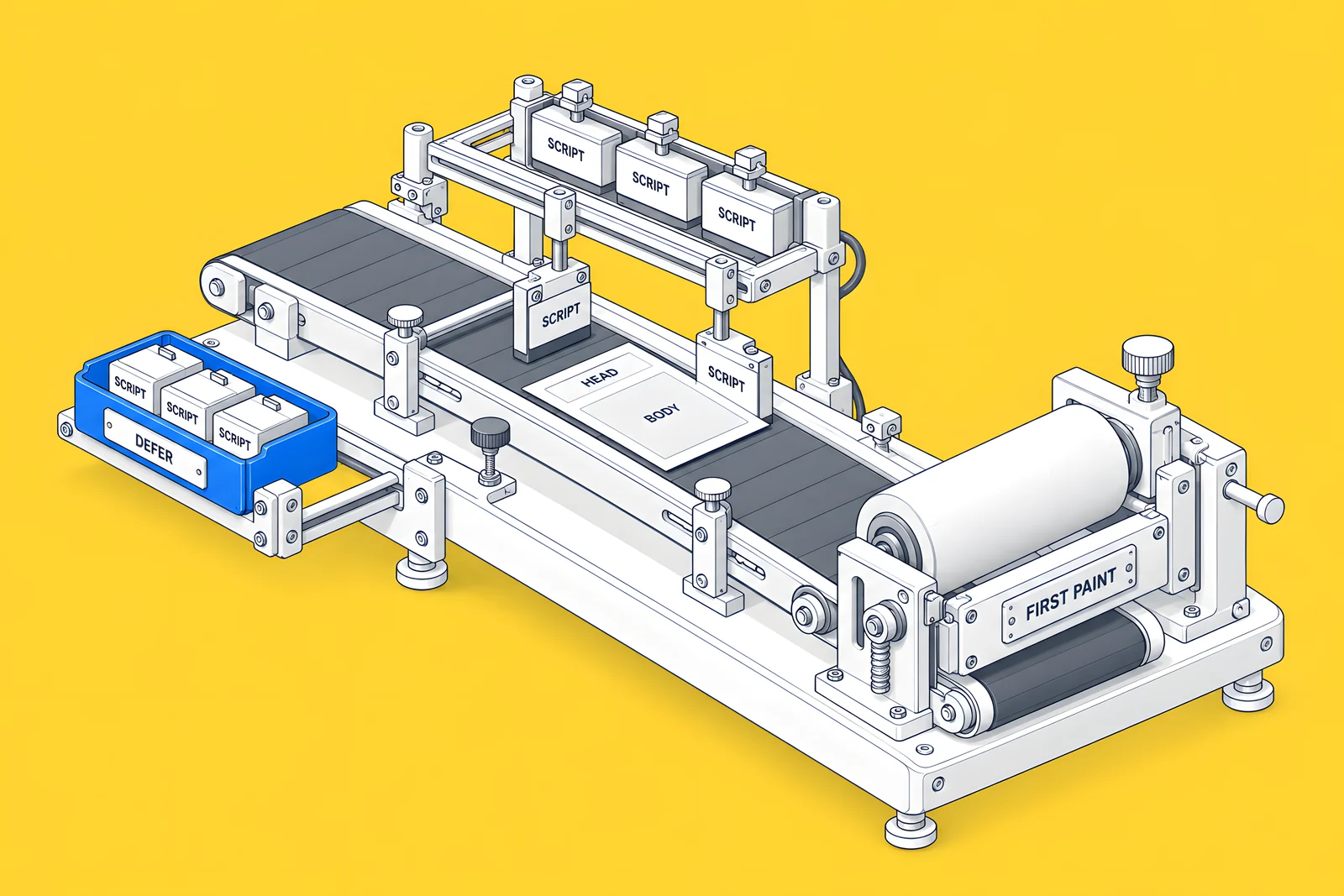 Isometric conveyor carrying an HTML sheet toward a paint roller, with script blocks dropping barrier gates across the belt and a side tray labelled DEFER holding other scripts.