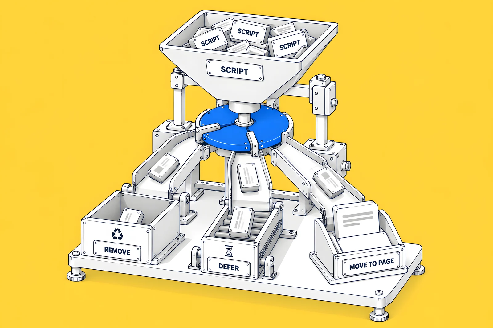 Isometric sorting machine with a hopper of script cartridges and three chutes labelled REMOVE, DEFER and MOVE TO PAGE.