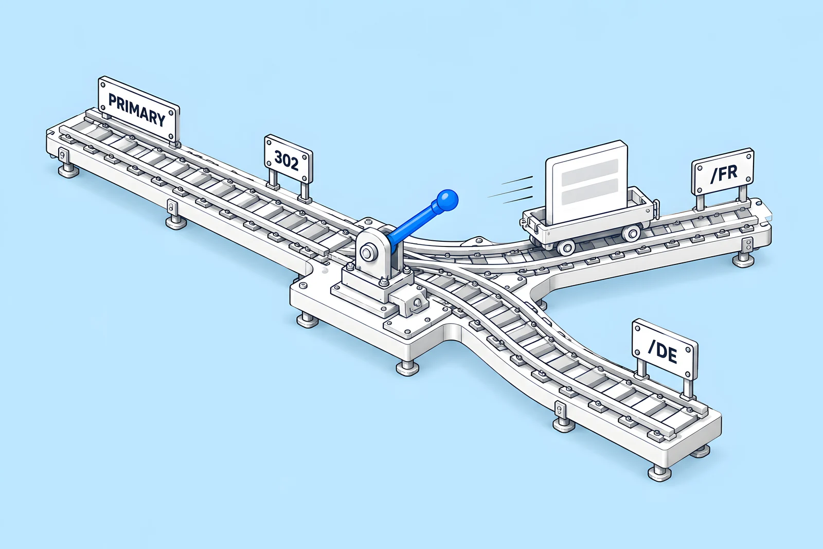 Isometric rail junction where one main line splits into branches labelled /FR and /DE, with a switch arm routing a car into one branch.