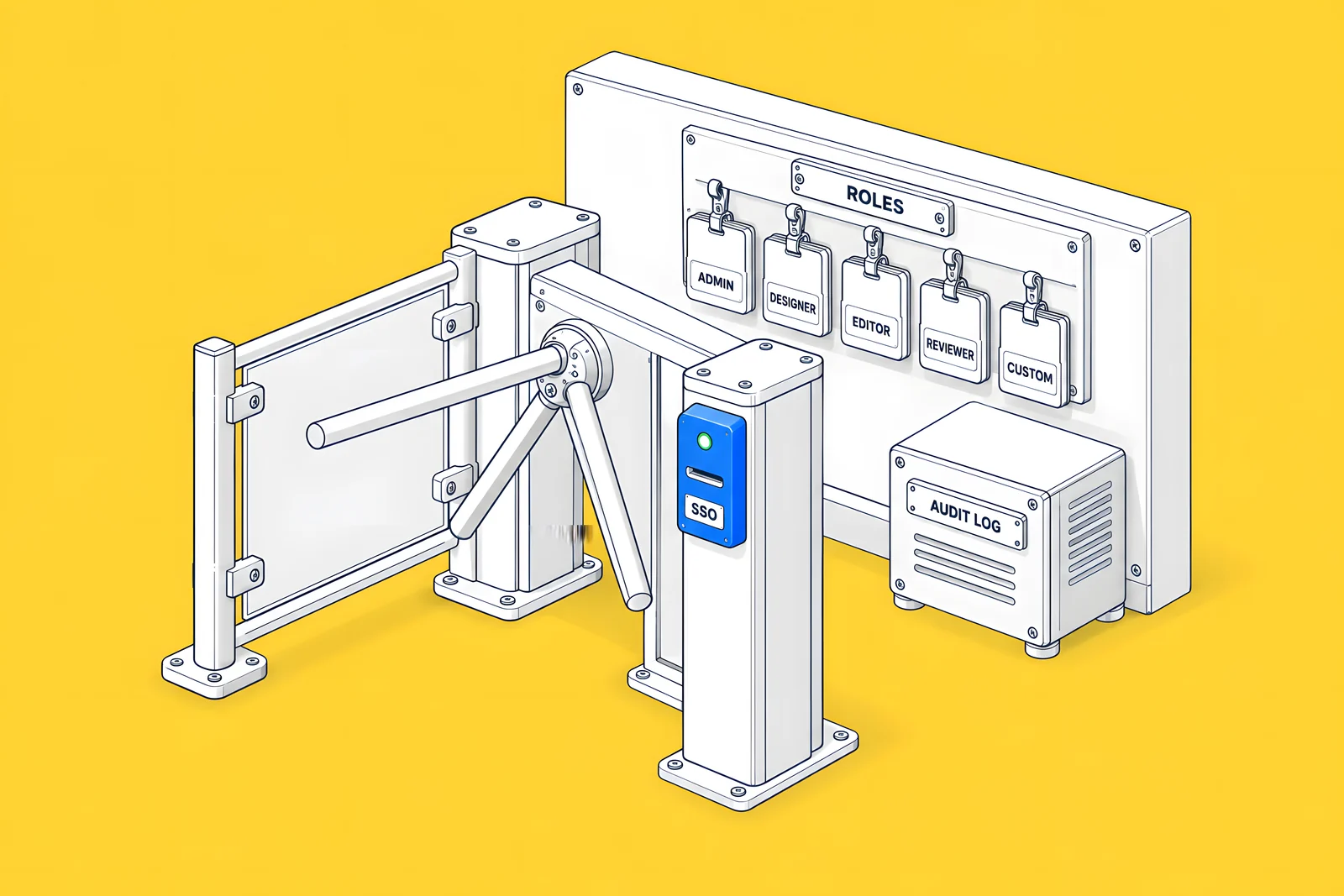 Isometric access gate with a blue keycard reader feeding a rack of role badges