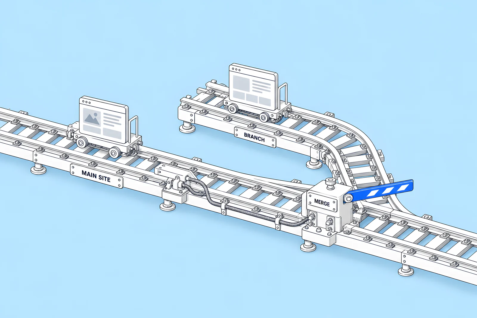 Isometric rail with a side track branching off the main line and merging back through a gate
