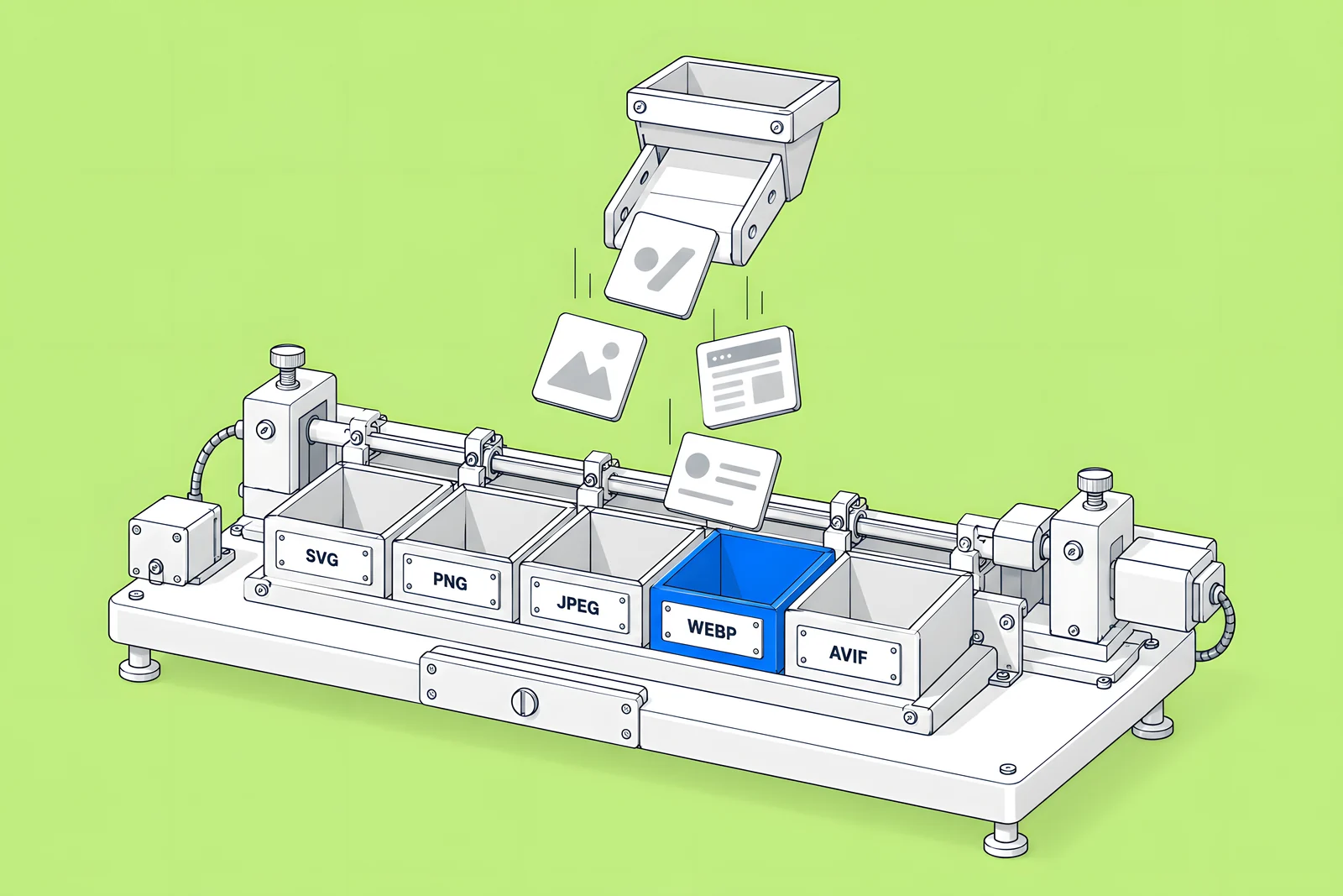 Sorting bins labelled SVG, PNG, JPEG, WebP and AVIF receiving tiles of different image types