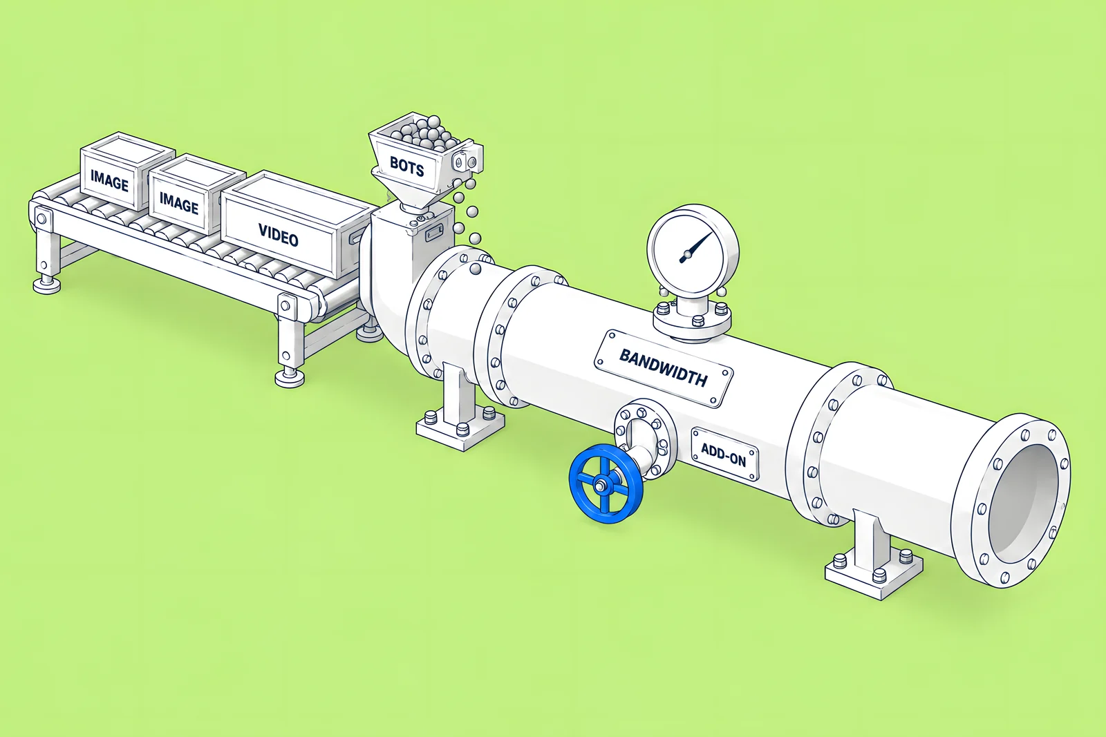 A bandwidth pipe with a meter on top, crates of images and video rolling into it, and a small add-on valve on its side