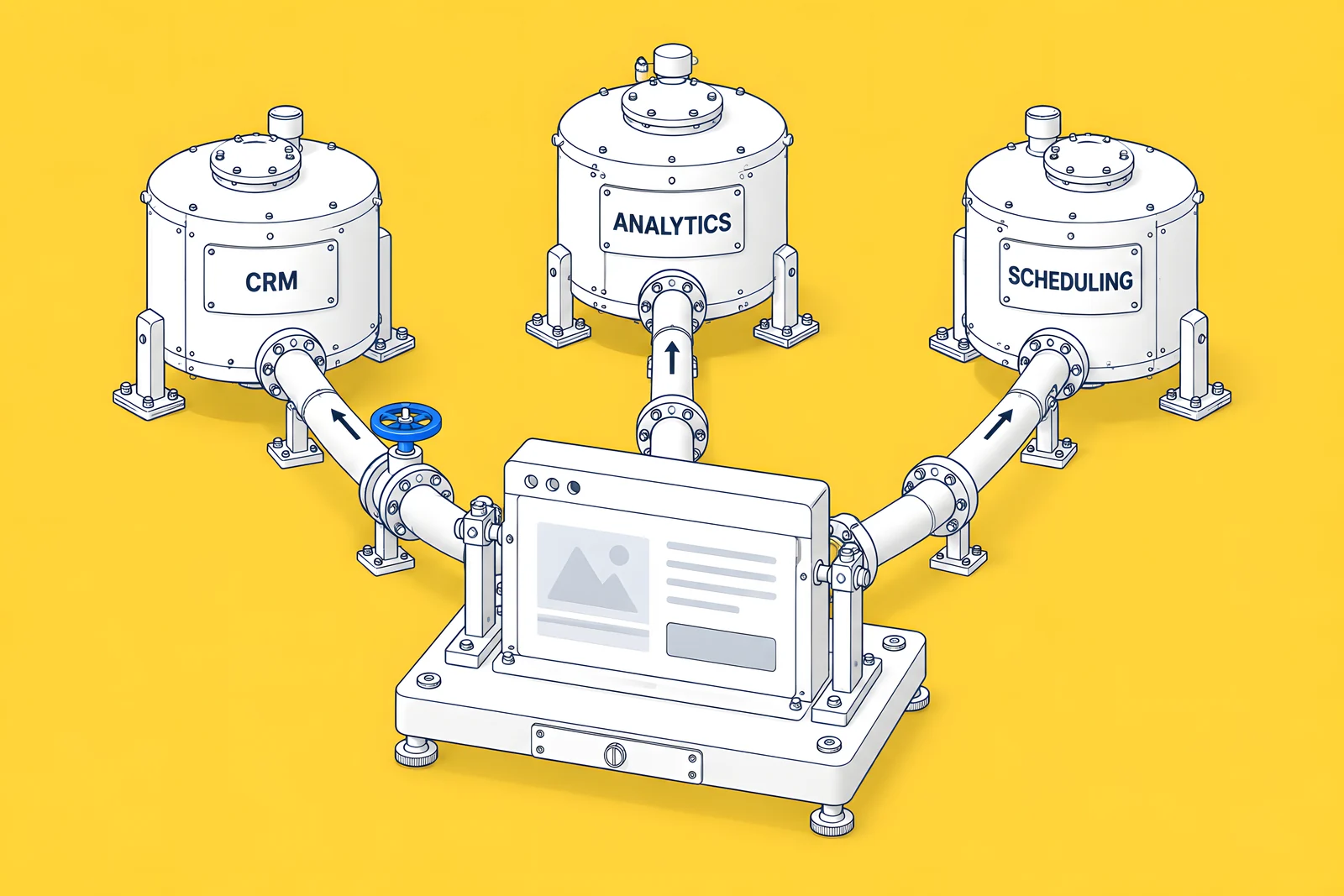 Isometric pipes connecting a central website block to CRM, analytics and scheduling tanks, with one blue valve
