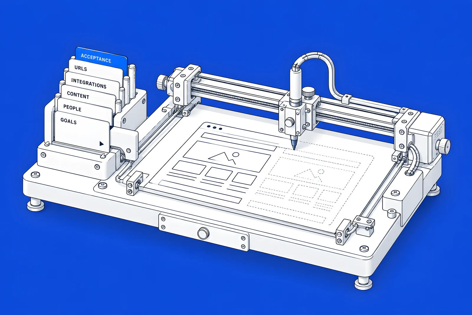 Isometric machine where brief cards feed a plotter that draws a website layout, with one blue acceptance card