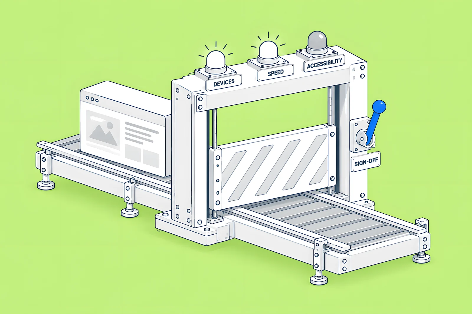 Isometric acceptance gate with test lamps for devices, speed and accessibility in front of a finished site block