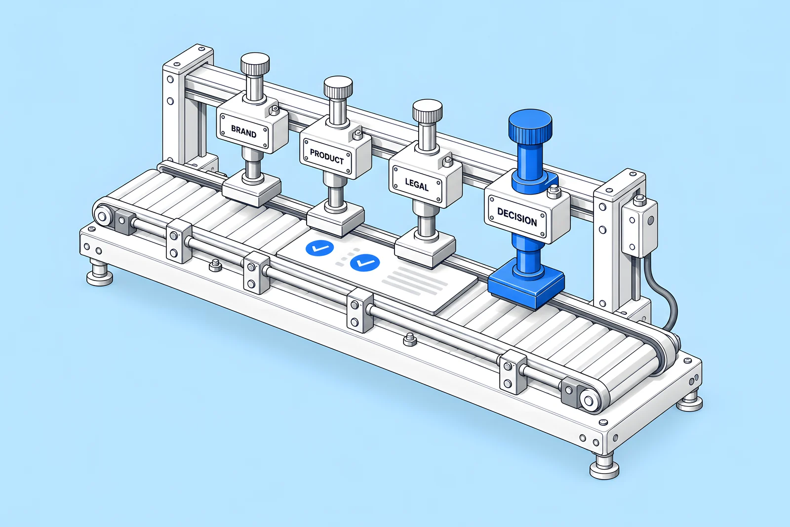 Isometric rail where a document passes under a row of approval stamps in a fixed order