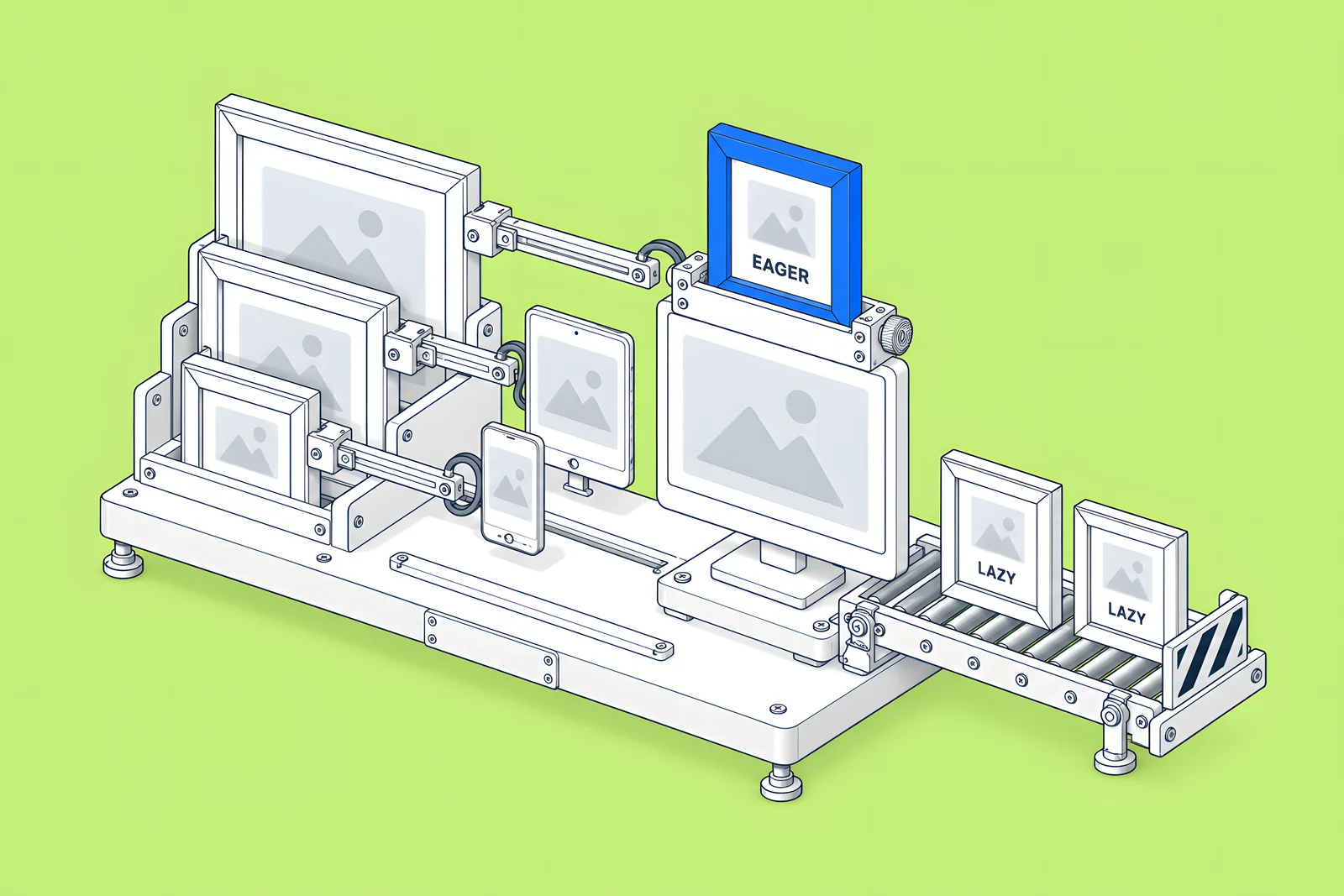 Nested picture frames of decreasing size feeding a phone, tablet and desktop screen, with the hero frame marked eager and lower frames waiting on a conveyor