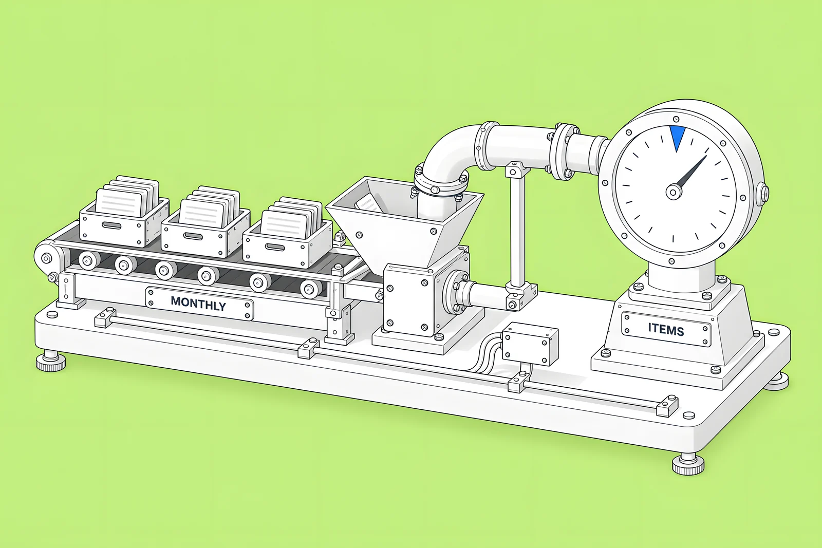 Isometric fuel gauge whose needle rises as crates of content feed a pipe into it, with a blue limit marker near the top of the dial.