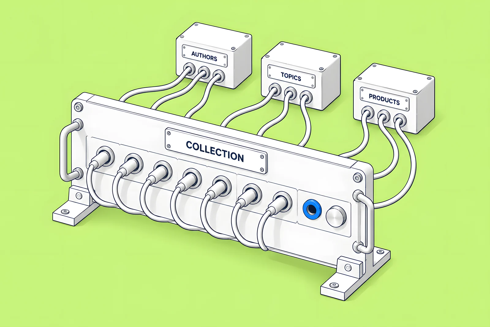Isometric switchboard with a fixed row of sockets for reference cables; most sockets are filled and one spare socket is highlighted in blue.
