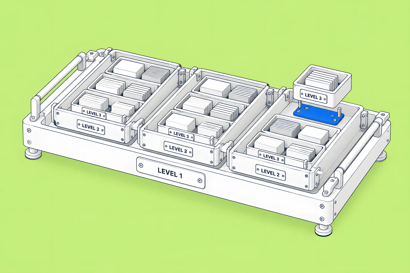 Three nested trays, each sitting inside the next, with a blue stop plate after the third level.