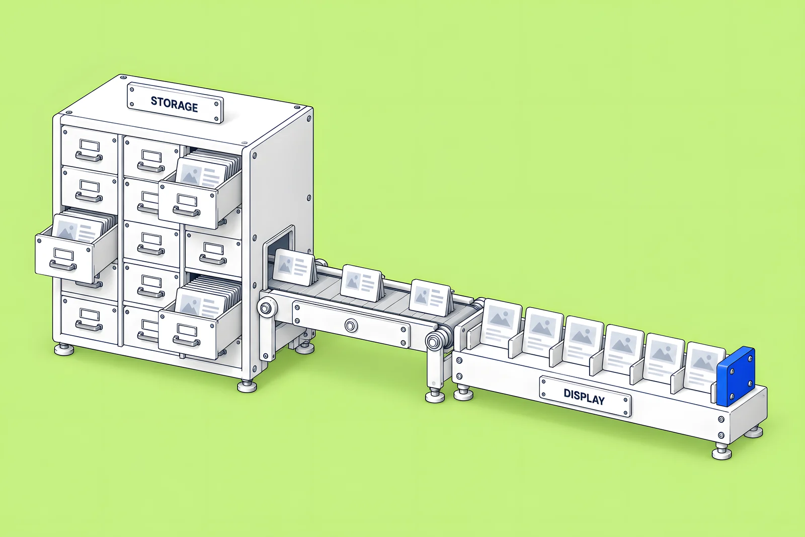 Isometric storage cabinet of drawers on the left beside a display shelf with a fixed number of slots on the right, on a green ground.