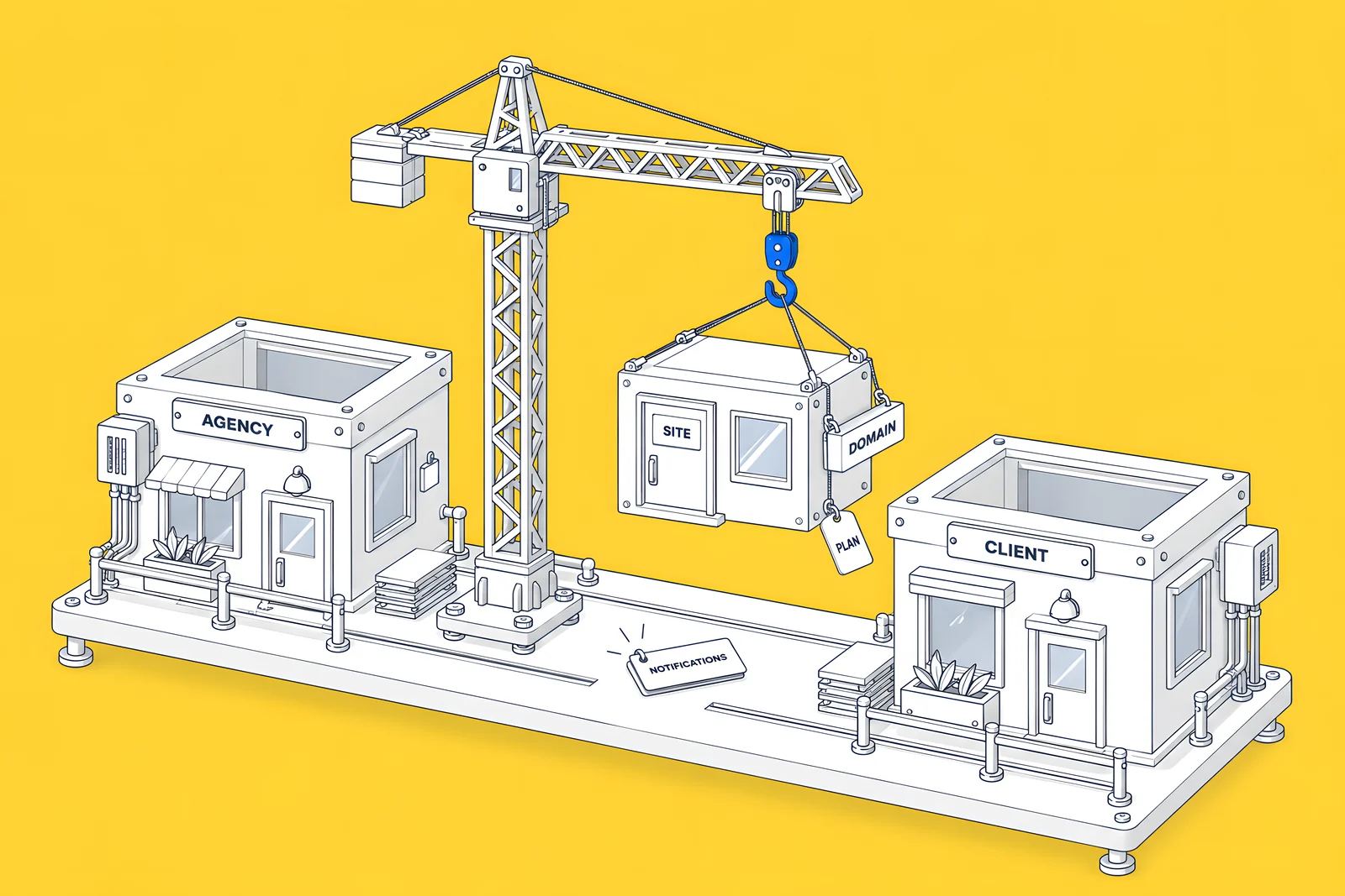 A crane moving a room-shaped site, with its domain sign attached, from one building to another